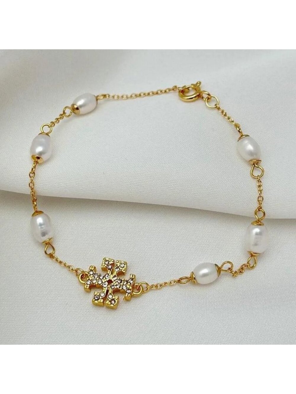 Gold Pearl and Crystal Cross Bracelet